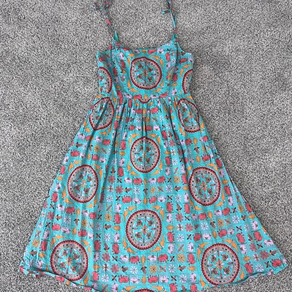 J CREW Drakes London Green Midi Dress Sz 2 Elephant Birds Animal Print Fit Flare - Picture 3 of 13